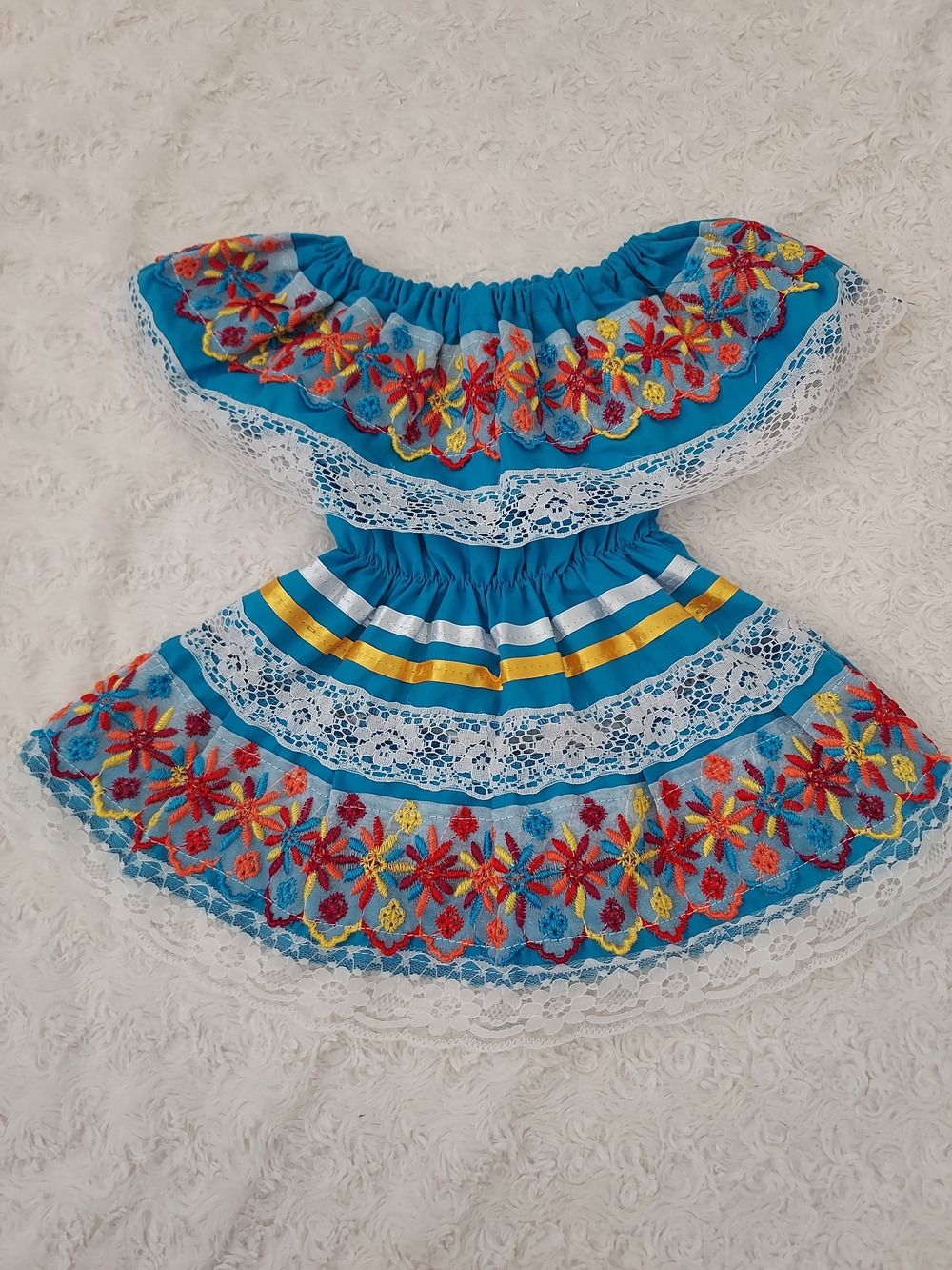 Girl's Mexican Fiesta Dress Turquoise Blue Base Embroidery & Lace Holiday Party